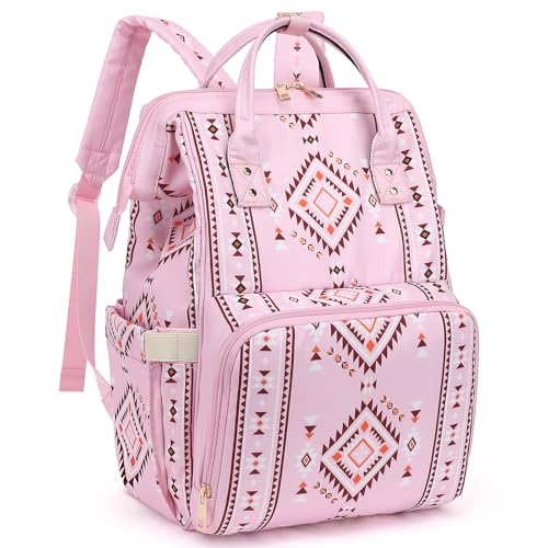 Xunteny Boho Diaper Bag Backpack for Mom Dad, Multifunctional Bohemia Baby Nappy Backpack with Stroller Straps Insulated Pockets (Pink)